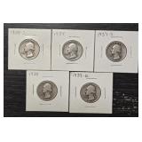 (5) U.S. Silver Washington Quarters