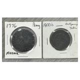 (2) 1776 Massach. Replica Penny & 1800s 1/2 Penny