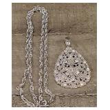 Silver Toned Filigree & Rhinestone Pendant/Chain