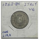 1863-BN Italy 1 Lira Silver Coin