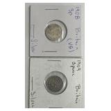 (2) 1908 & 1909 Britain 3 Pence Silver Coins