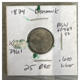 1874 Denmark .600 Silver 25 Ore