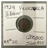 1929 1/2-Bolivar Venezuela .835 Silver Coin
