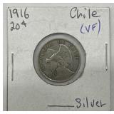 1916 Chile Silver 20 Centavos Coin