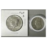 (2) 1964-D Kennedy Half Dollar & Quarter
