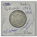 1942 India 1/2 Rupee Silver Coin