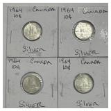 (4) 1964 Canadian Silver Dimes