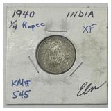 1940 India 1/4 Rupee Silver Coin