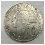 1958 Austria 10 Shillings Silver Coin