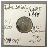 1943 India-British 1/4-Rupee .500 Silver Coin