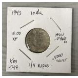 1943 India 1/4-Rupee .5000 Silver Coin