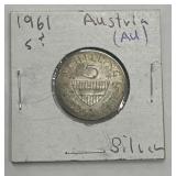 1961 Austria 5 Schillings Silver Coin