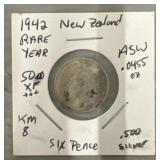 1942 New Zealand Six Pence .500 Silver Coin