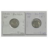 (2) 1940 & 1941 Britain 6 Pence Silver Coins