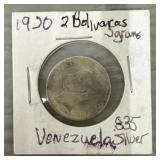 1920 2-Bolivars Venezuela .835 Silver Coin