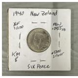 1940 New Zealand Six Pence .5000 Silver Coin