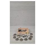 Wood Cigar Box w/ Assorted Jewelry & Foreign Coins