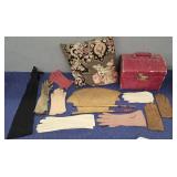 Various Gloves & Decor Pillow w/ Red Jewelry Box