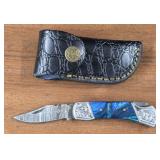 Damascus Folding Pocket Knife w/ Sheath #2
