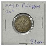 1944-D Philippians 20 Centavos Silver Coin