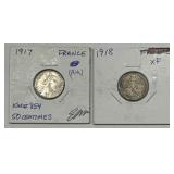 (2) 1917 & 1918 France 50 Centimes Silver Coins