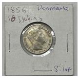 1856 Denmark 16 Skillings Silver Coin
