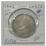 1942 India 1 Rupee Silver Coin