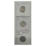 (3)1924, 1925, 1926 Australia 6 Pence Silver Coins