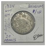 1934 Belgium20 Francs Silver Coin