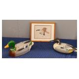(2) Ducks Decoys & Print In Frame