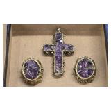 Amethyst Cross Pendant & Earrings