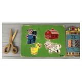 Vintage Puzzle, Colored Pencils, & Wooden Scissors