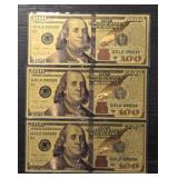 (3) Novelty Gold Plated $100 Notes