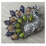 Rhinestone Silver Tone Colorful Peacock Brooch