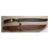 Stag Handle Damascus Sword w/ Leather Sheath