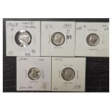 (5) U.S. Mercury Dimes