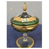 Fabulous Compote Green Glass w/ Gold Trim