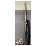 (3) Pool Cues w/ Carrying Case & Billiard Balls