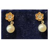 14K Gold Earrings w/ Diamond Chips & Pearls