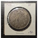 1938 Silver Un Peso Coin
