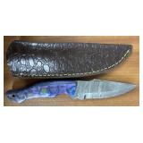 Purple & Blue Handled Damascus Knife w/ Sheath