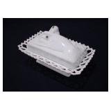 milk glass hand with bird covered dish