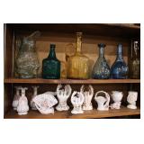 colored bottle and porcelain hand vases