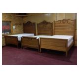 6 Highback Oak Beds, 3 with mattress sets>