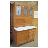 oak hoosier cabinet w/ etched glass doors>