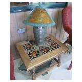 tile top table, mica lamp