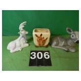 2 Deer Figurines & Planter
