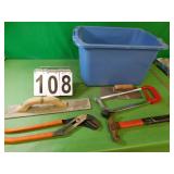 Tote W/ Hammer - Trowels - Big Pliers - Hack Saw