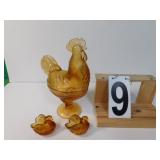Vintage Amber Glass Rooster ~ 2 Small Amber Swans