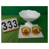 Milk Glass Fruit Bowl - 2 Amber Candle Holders